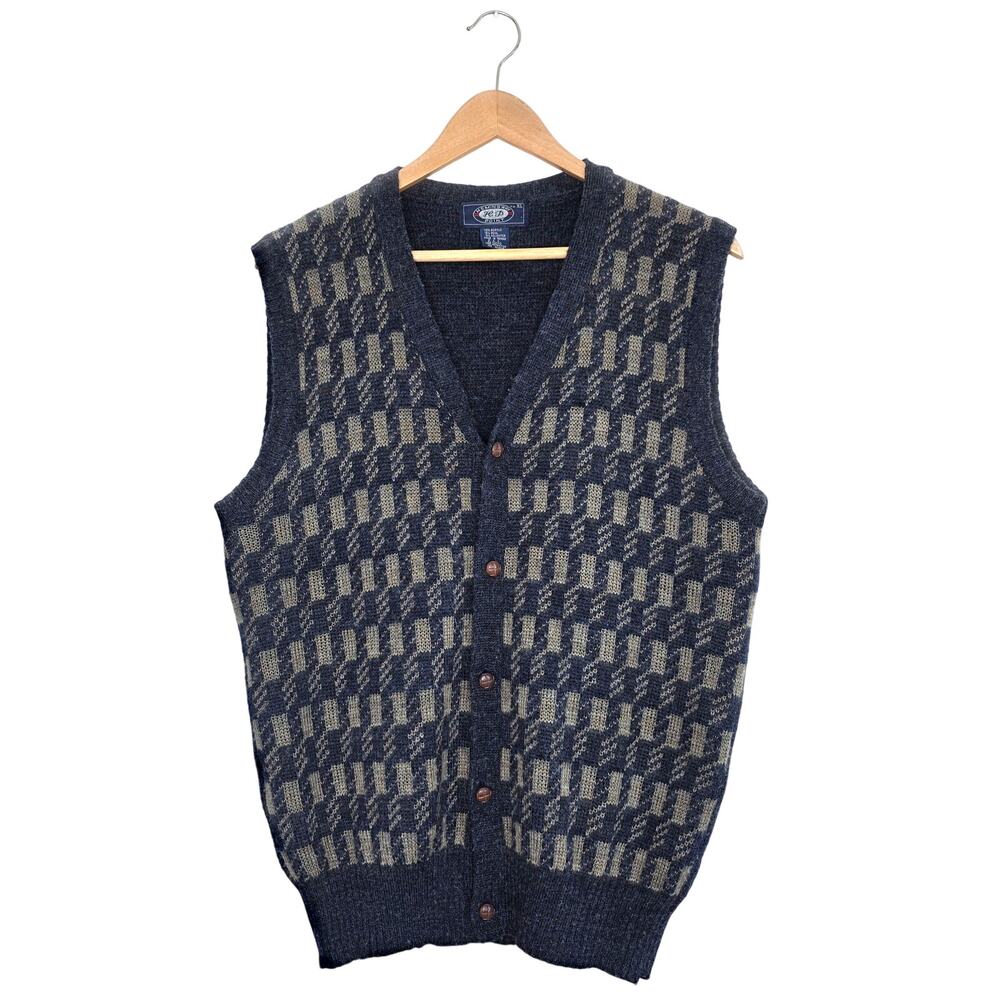 Hemingway Point Wool Blend Cardigan Vest XL Blue Tan Geometric Knit V-Neck Retro